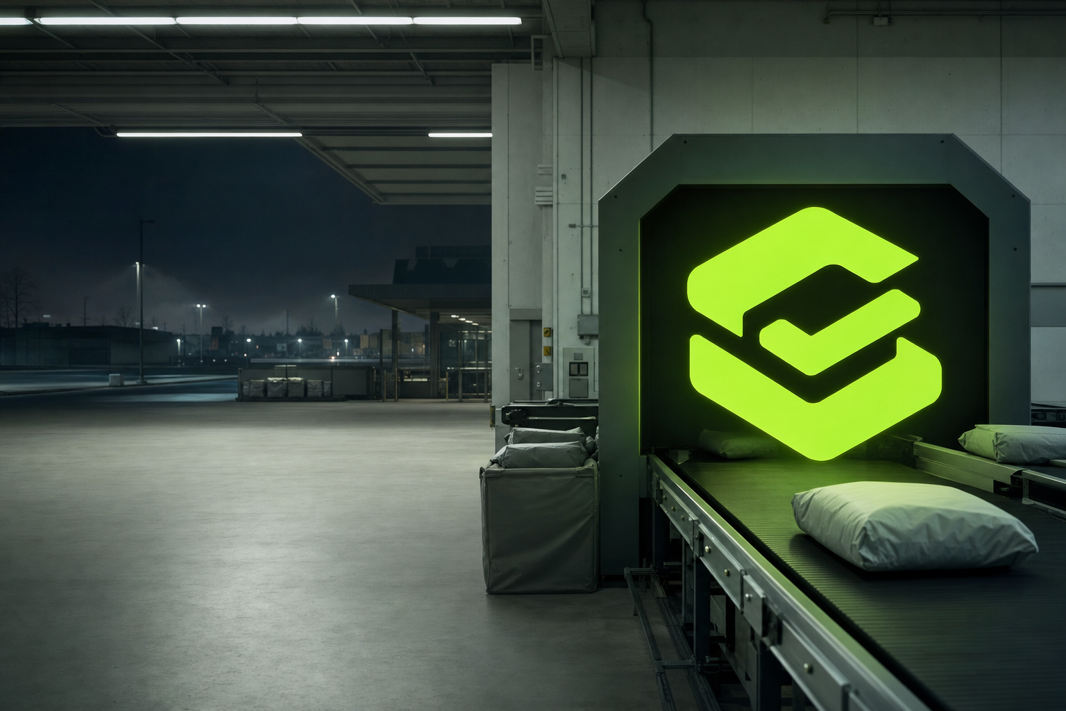 Tender's lime emblem glowing inside a night-shift parcel gantry above a conveyor of padded parcels