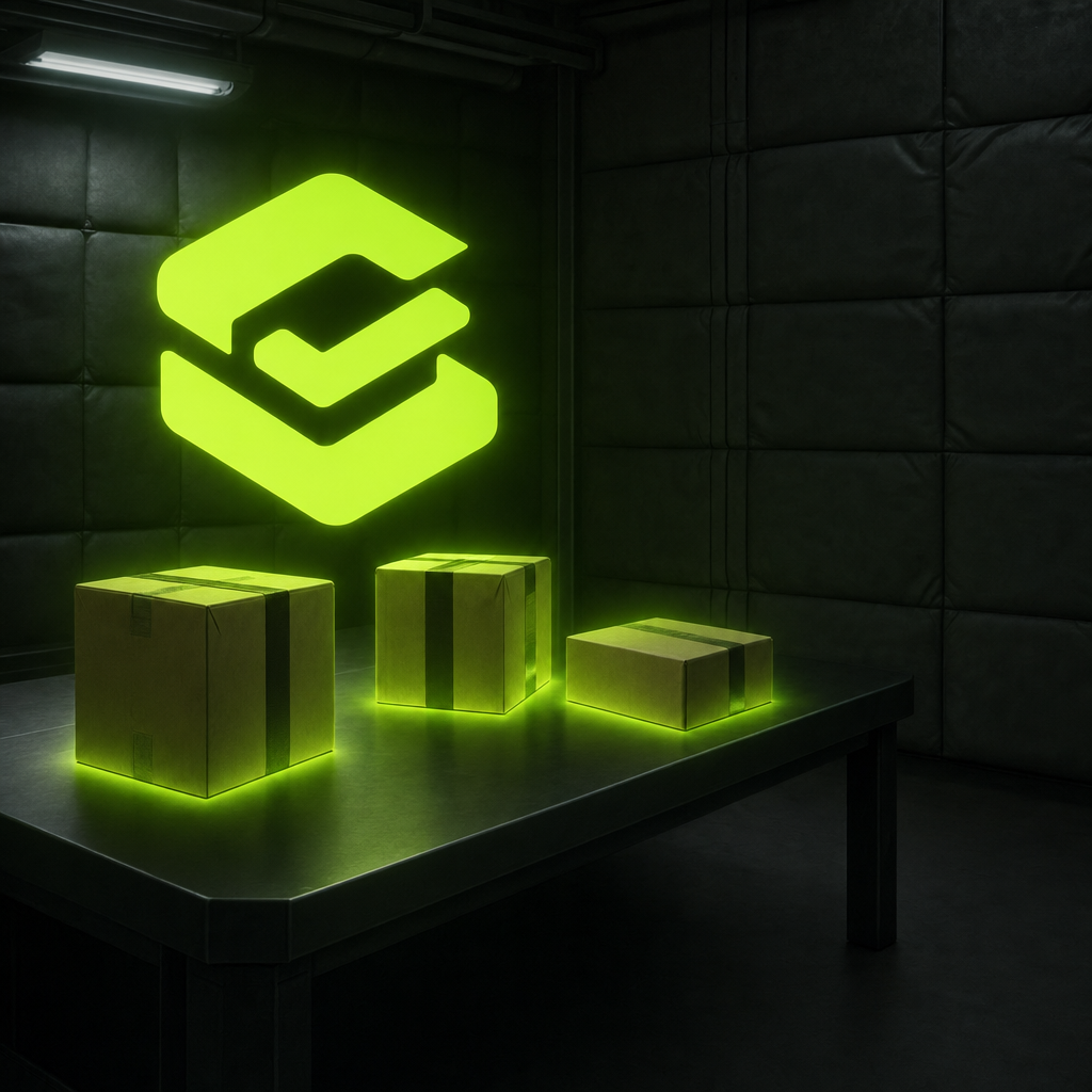 Tender's emblem glowing on a padded wall above three softly lit parcels on a table